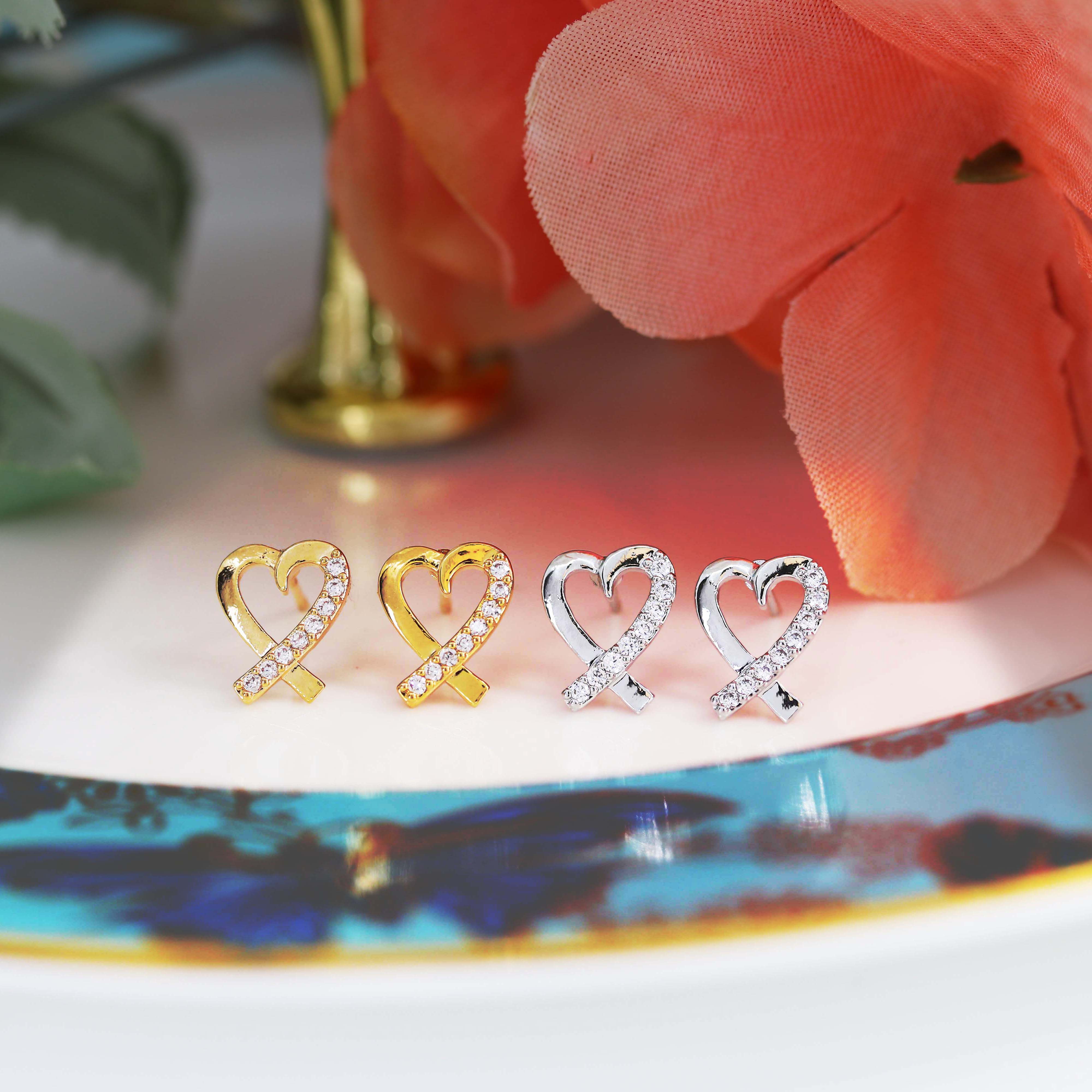 Heart Ribbon Stud Earrings