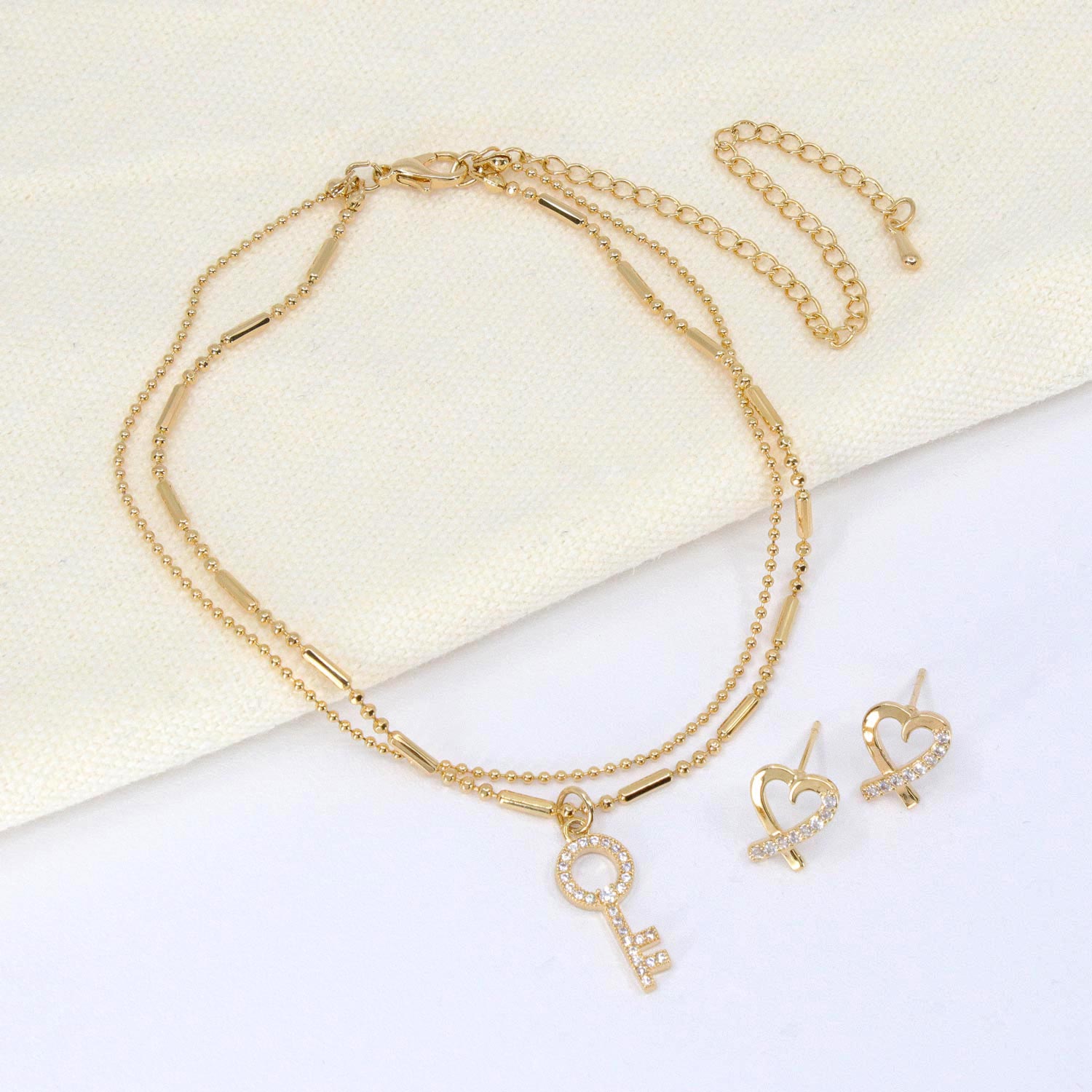 Love Key Anklet + Heart Ribbon Earrings Bundle