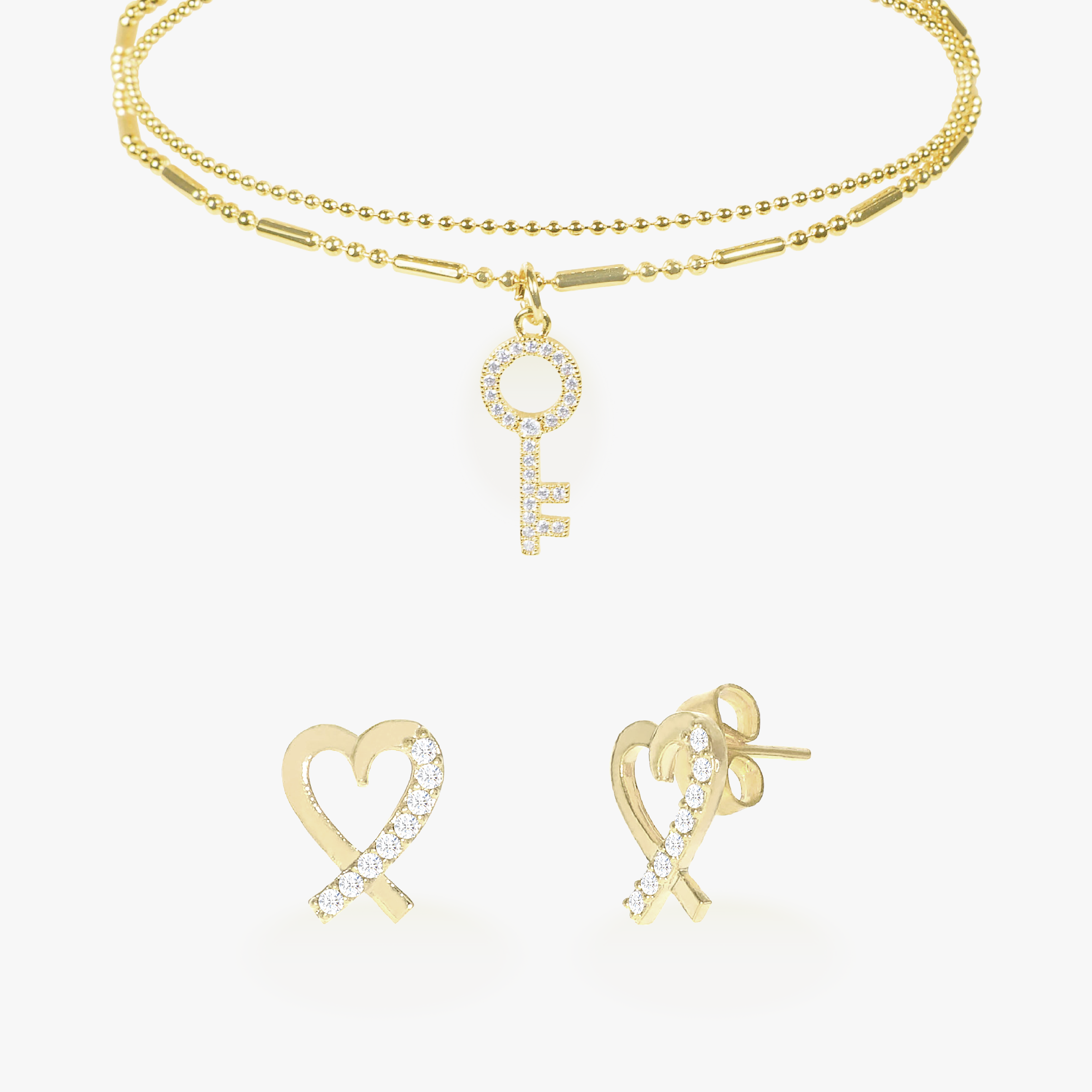 Love Key Anklet + Heart Ribbon Earrings Bundle